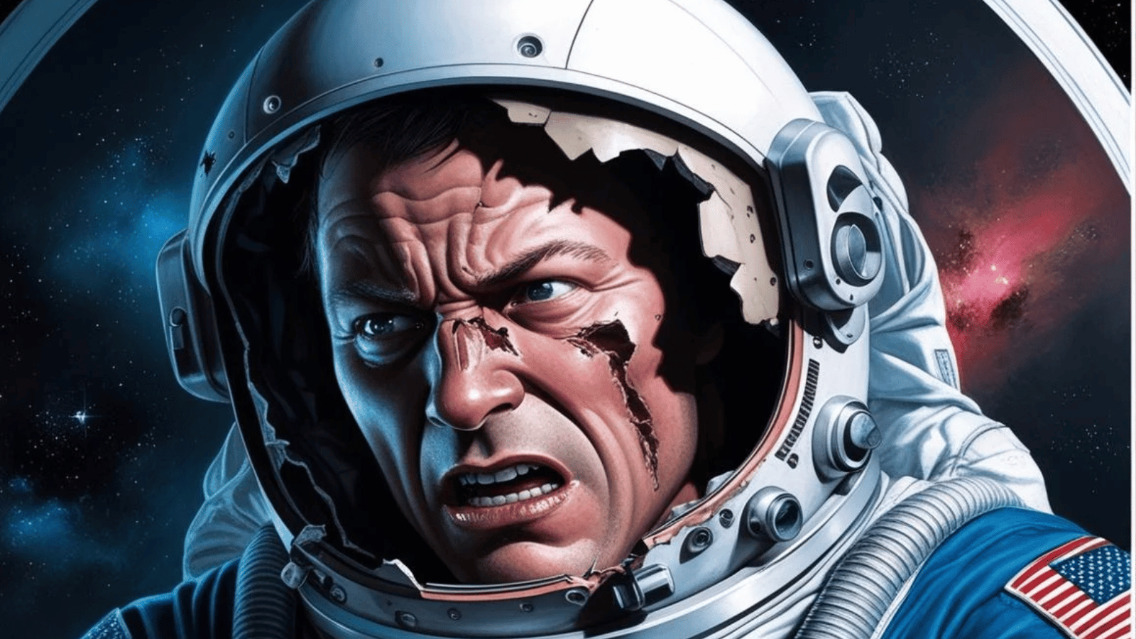 Ilustração de um astronauta com o capacete quebrado, destacando os perigos do espaço, como a exposição do ser humano a condições extremas no espaço sem proteção.