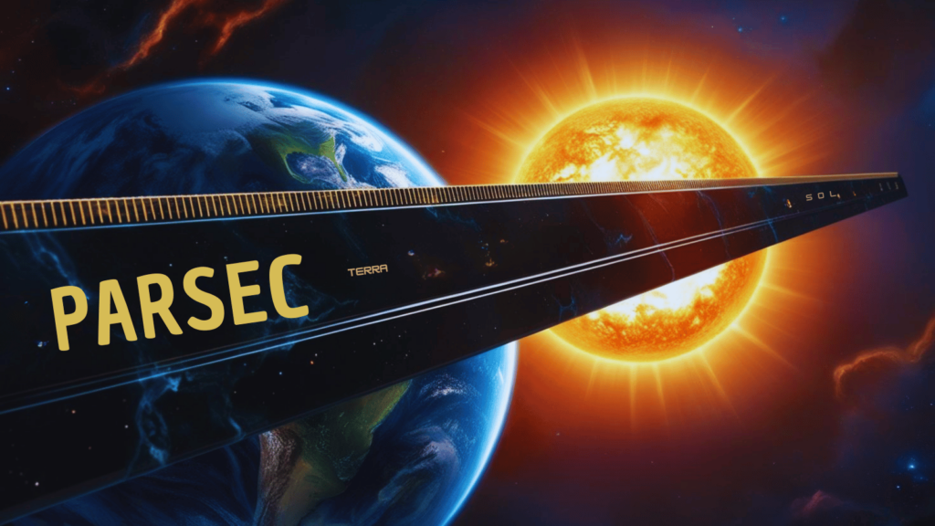 Ilustração de uma régua gigante medindo uma galáxia, explicando o conceito de parsec. O parsec é uma unidade de medida usada para calcular as imensas distâncias no espaço interestelar, como entre estrelas e galáxias.