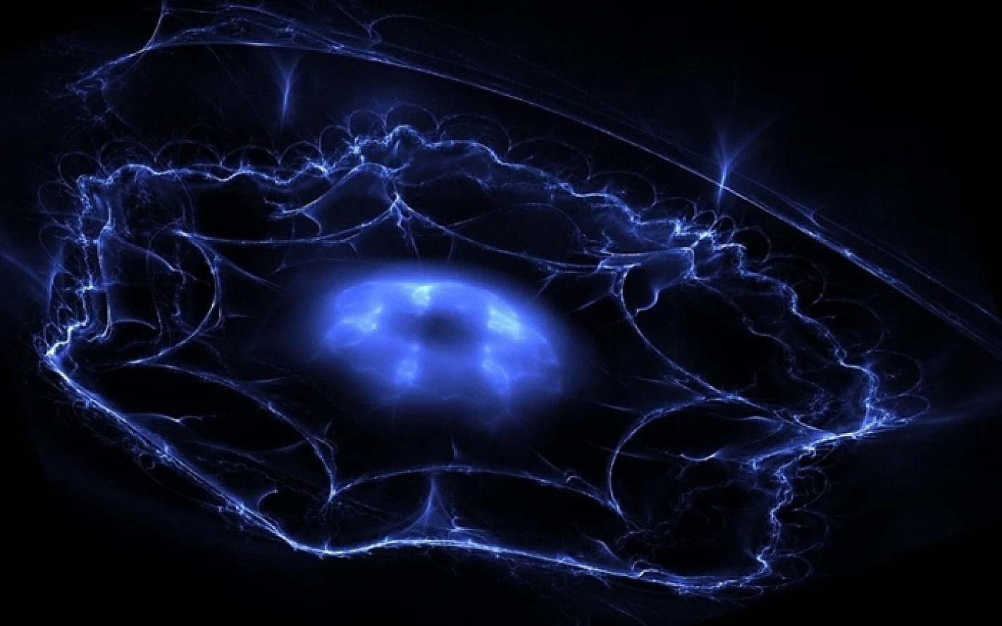 Representação gráfica da matéria escura, uma substância invisível que compõe grande parte do universo e interage gravitacionalmente com a matéria visível. A imagem ilustra como a matéria escura forma a estrutura cósmica, ajudando a manter a coesão das galáxias e influenciando a formação do universo.