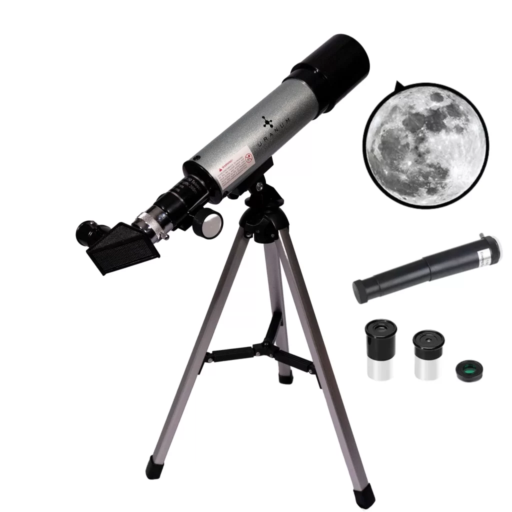 Telescópio preto voltado para o céu noturno, ideal para iniciantes em Astronomia para Leigos que desejam observar estrelas e planetas com mais detalhes.