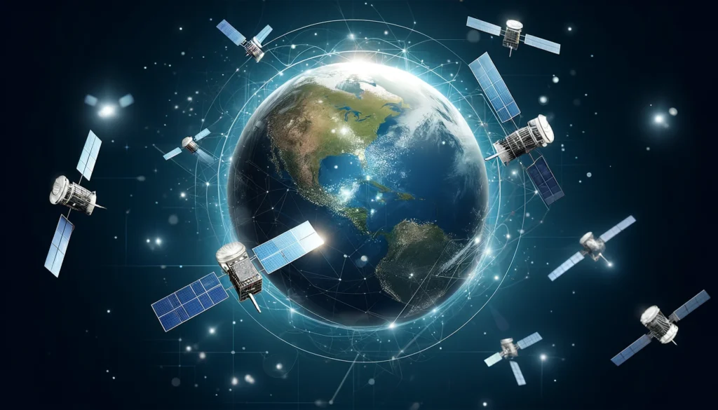 Umda das Tecnologias Desenvolvidas pela Astronomia 
 ATecnologia de GPS, uma inovação derivada da astronomia, mostrando o planeta Terra com detalhes visíveis em sua superfície, cercado por satélites em órbita. As conexões entre os satélites e a Terra são representadas por sinais de transmissão, ilustrando como esses satélites trabalham em conjunto para fornecer dados de localização precisos em tempo real
