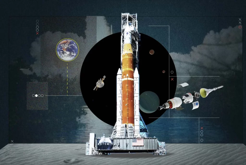 elementos da missão Artemis da NASA — cápsula Orion, foguete SLS, a Lua e a Terra — ilustrando qual o principal objetivo do Programa Artemis da NASA, que é levar astronautas de volta à superfície lunar.