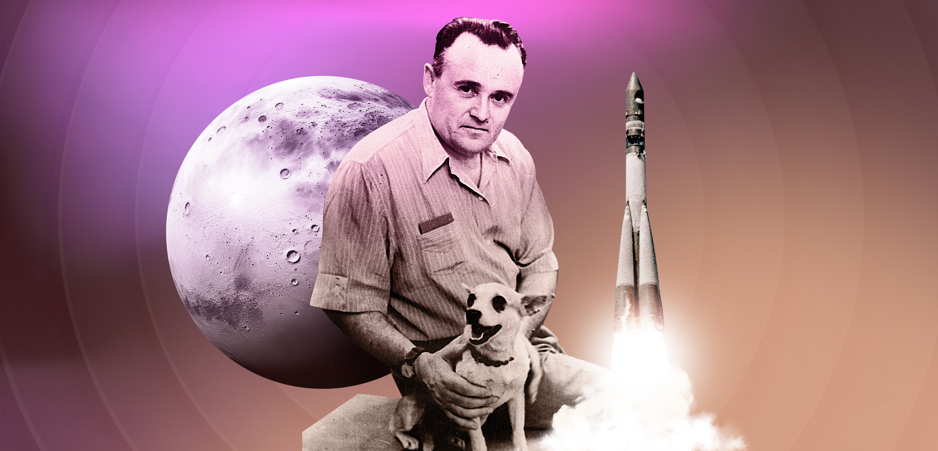 ergei Korolev com o cão Laika, o primeiro animal a ser enviado ao espaço, junto a um foguete russo e a lua ao fundo, simbolizando a revolução espacial liderada pela União Soviética