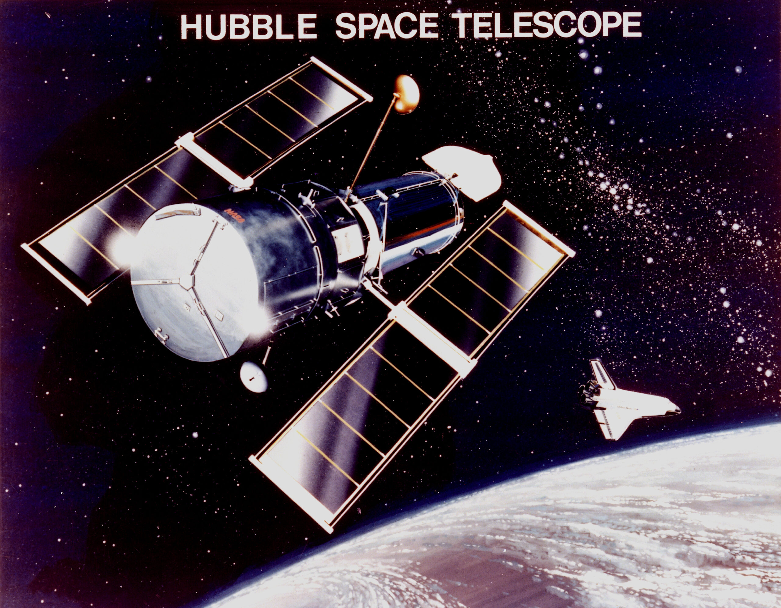 alt="Desenho do Telescópio Espacial Hubble voando sobre a Terra com o ônibus espacial ao fundo. homenagem de Como o Telescópio Hubble Mudou a Astronomia