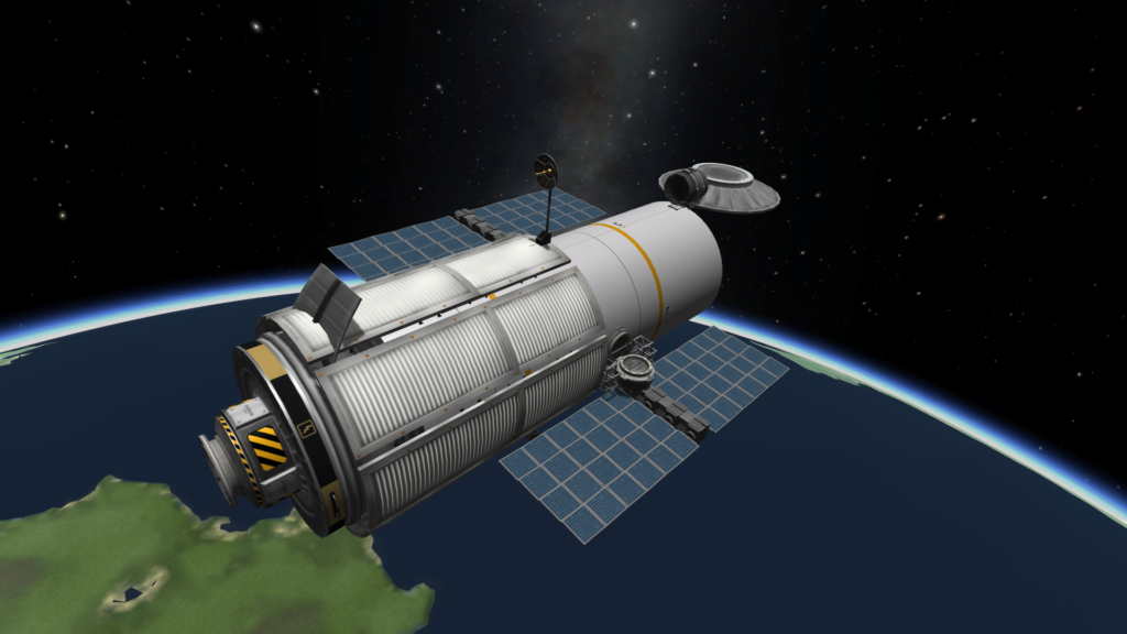 Cena do jogo Kerbal Space Program mostrando uma reprodução do Telescópio Espacial Hubble em órbita. O telescópio, detalhadamente construído com peças do jogo, flutua sobre o planeta Kerbin, com o espaço estrelado ao fundo. A imagem representa a interseção entre ciência real e cultura pop, celebrando o Hubble dentro do universo lúdico e educativo de Kerbal Space Program.