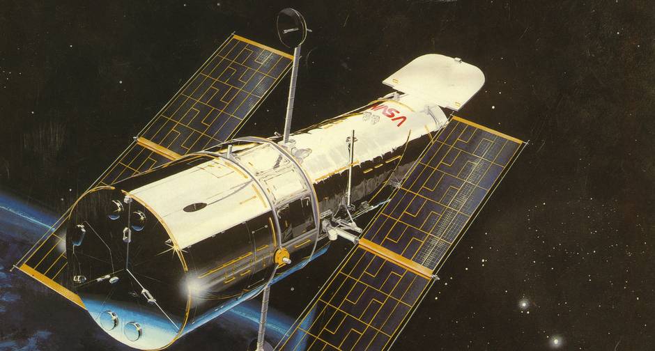 estilo pop retratando o Telescópio Espacial Hubble flutuando no espaço, com a curvatura da Terra visível ao fundo e um céu repleto de estrelas brilhantes. A cena mistura arte e ciência, destacando o Hubble como ícone da exploração espacial e da cultura pop.