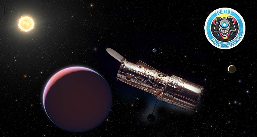 telescópio espacial Hubble observando um exoplaneta avermelhado em órbita de uma estrela distante. O Hubble aparece em primeiro plano, flutuando no espaço, enquanto ao fundo é visível o exoplaneta com tonalidade vermelha, iluminado pela luz da estrela do seu sistema estelar.