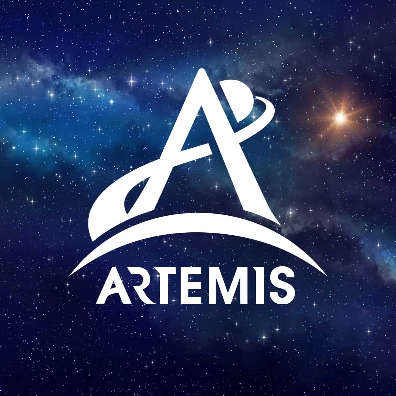 Logotipo branco do Programa Artemis da NASA destacado sobre um fundo estrelado do espaço, simbolizando o retorno humano à Lua e a exploração do universo.