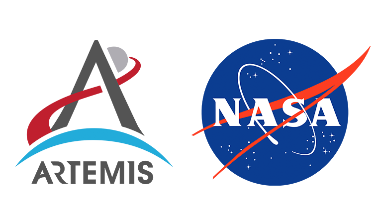 Logotipo da missão Artemis da NASA posicionado ao lado do logotipo clássico da NASA, representando a aliança entre inovação e tradição no programa de retorno humano à Lua.
