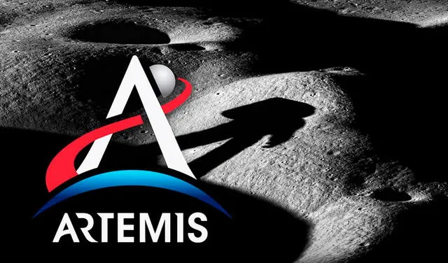 solo lunar com textura acinzentada e pedregosa; a sombra de um astronauta se projeta sobre o terreno. No canto da imagem, aparece o logotipo da missão Artemis 3 da NASA.