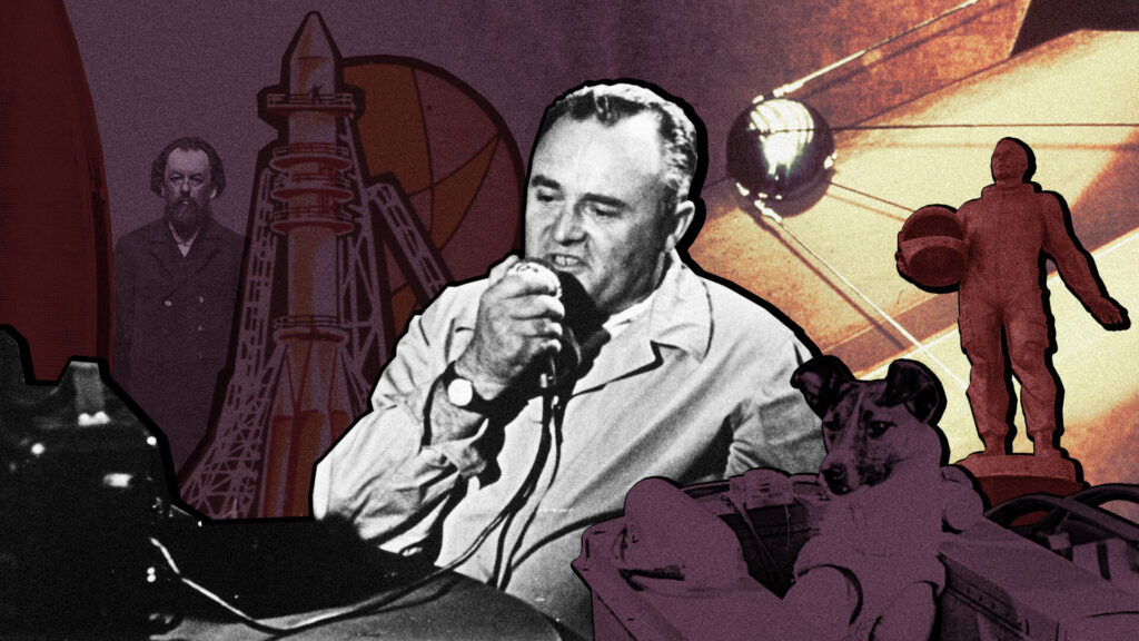 Sergei Korolev com o cão Laika, o primeiro animal a ser enviado ao espaço, ao lado de um foguete russo, um traje de astronauta e a silhueta do satélite Sputnik, com a lua ao fundo, simbolizando a revolução espacial soviética.