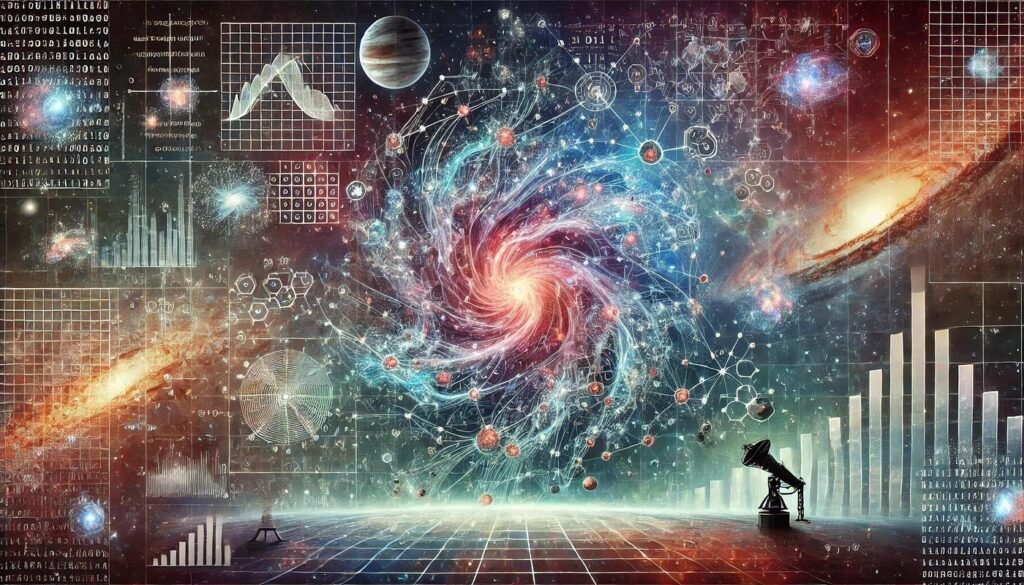 conexão entre astronomia, dados e tecnologia, destacando como inovações desenvolvidas pela exploração do universo impactam a vida na Terra. O gráfico visualiza a evolução de tecnologias como sensores, satélites e sistemas de comunicação, evidenciando o impacto da astronomia no avanço tecnológico cotidiano.