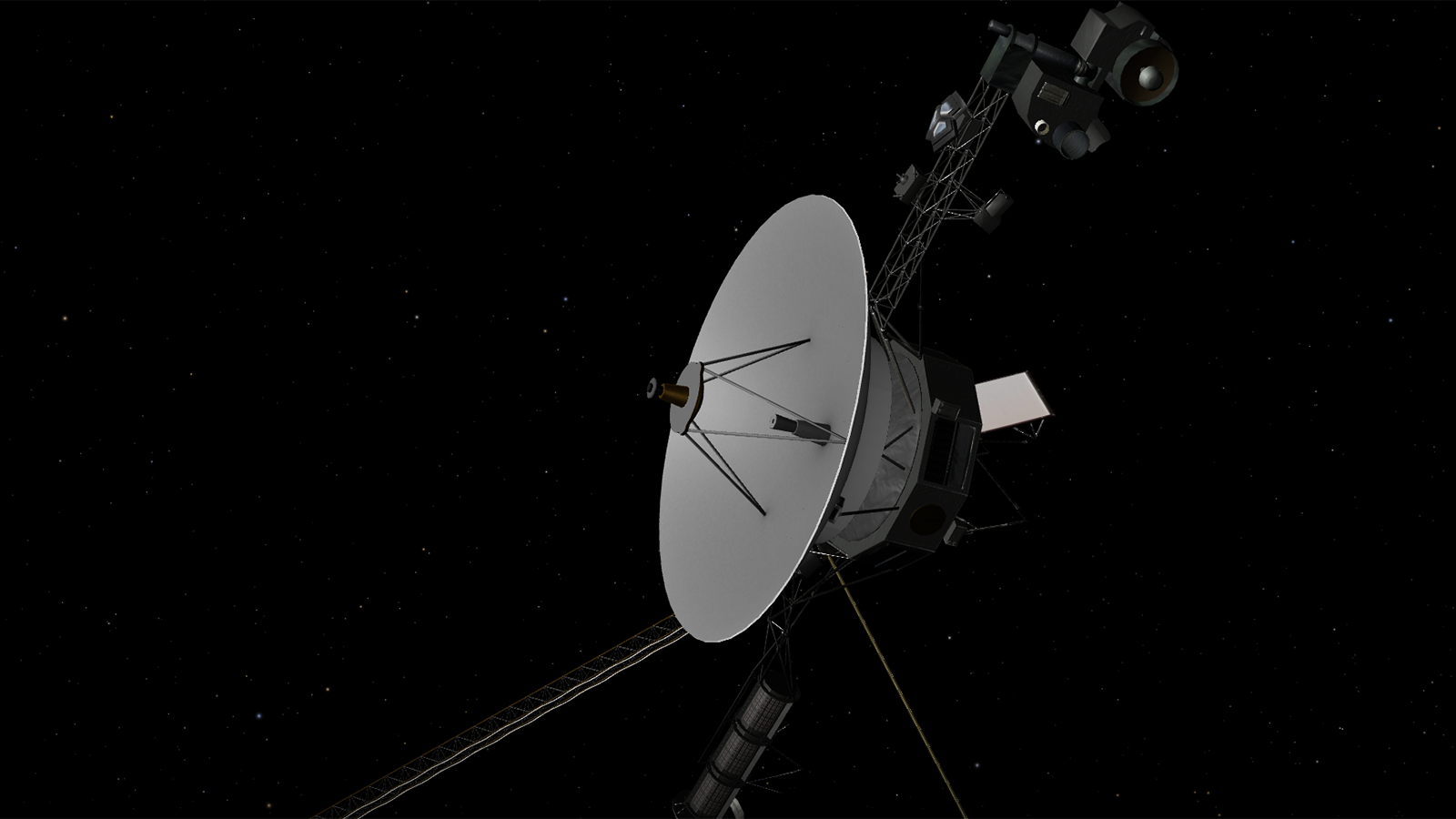 Voyager 1, a espaçonave da NASA lançada em 1977 para explorar o Sistema Solar externo. A Voyager 1 é a nave mais distante da Terra, viajando a mais de 23 bilhões de quilômetros, e foi a primeira a atingir o espaço interestelar, além de carregar o Disco de Ouro com mensagens e sons da Terra.
