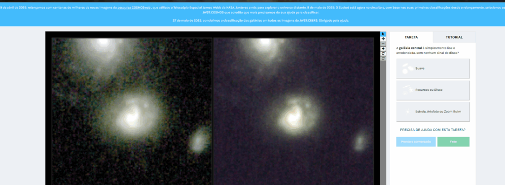 Captura de tela do sistema Galaxy Zoo exibindo imagens de galáxias para classificação. No centro, aparecem galáxias com diferentes formatos e brilhos sobre um fundo preto. À direita, há um painel com opções para identificar se a galáxia central é suave, possui recursos como disco ou se é uma estrela, artefato ou zoom ruim.