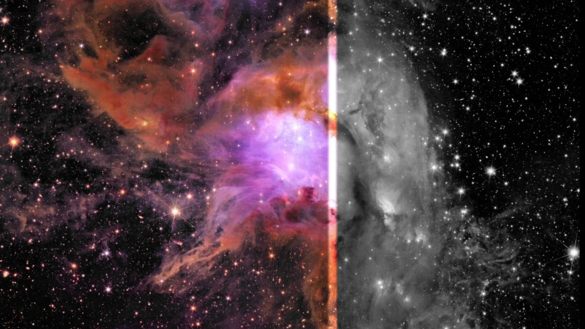 Imagem da nebulosa Messier 78 capturada pelo telescópio espacial Euclid. À esquerda, a nebulosa aparece em tons vibrantes de roxo, laranja e vermelho; à direita, a mesma cena é exibida em preto e branco, destacando o contraste entre as estrelas e as nuvens de poeira interestelar. alvo to estudo feito pela ESA onde gerou o video Sons do Cosmos