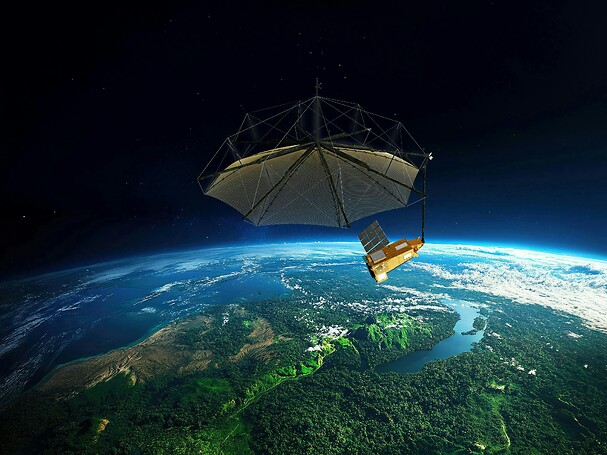 Ilustração do satélite Biomass em órbita da Terra, com seu formato característico semelhante a um guarda-chuva. Abaixo, é possível ver a superfície terrestre com florestas densas visíveis, representando as regiões que o satélite monitora.