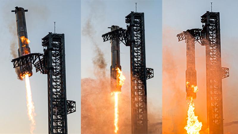 três quadros mostrando a captura do Super Heavy: no primeiro, o foguete se aproxima com motores em funcionamento, emitindo fogo e fumaça; no segundo, o Super Heavy está alinhado com os chopsticks do Mechazilla; e no terceiro, o foguete é capturado com segurança pelos braços robóticos.