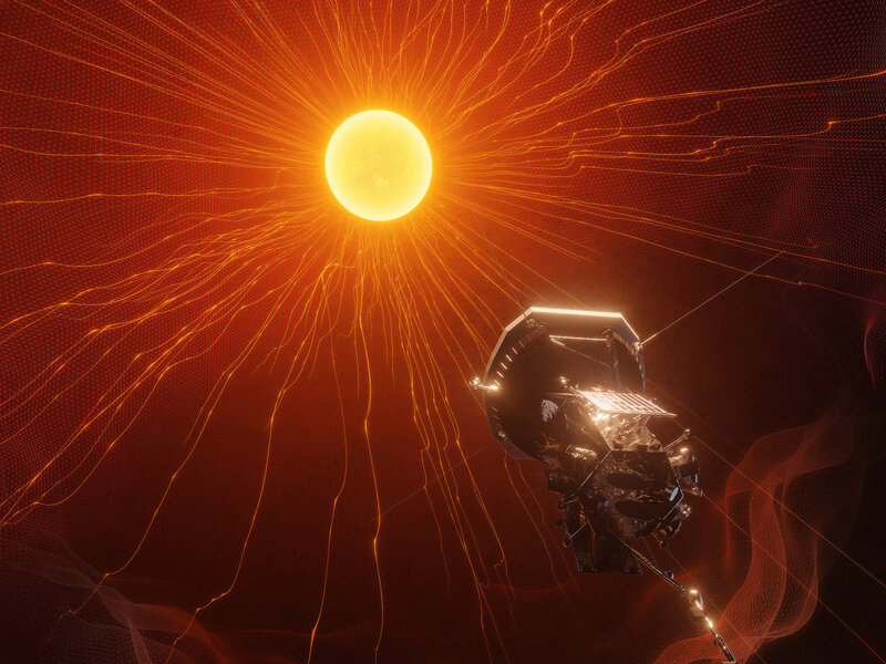 A Parker Solar Probe da NASA segue em direção à coroa solar, com seu escudo térmico à frente, atravessando o espaço em uma missão histórica de astronomia na exploração espacial.