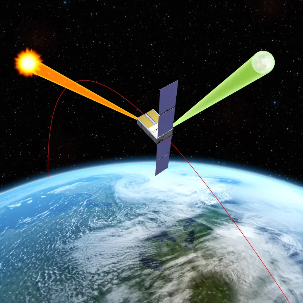 Ilustração do satélite Arcstone em órbita terrestre, apontando seus sensores para a Lua e o Sol, simulando a medição da refletância lunar para calibrar sensores espaciais com alta precisão.