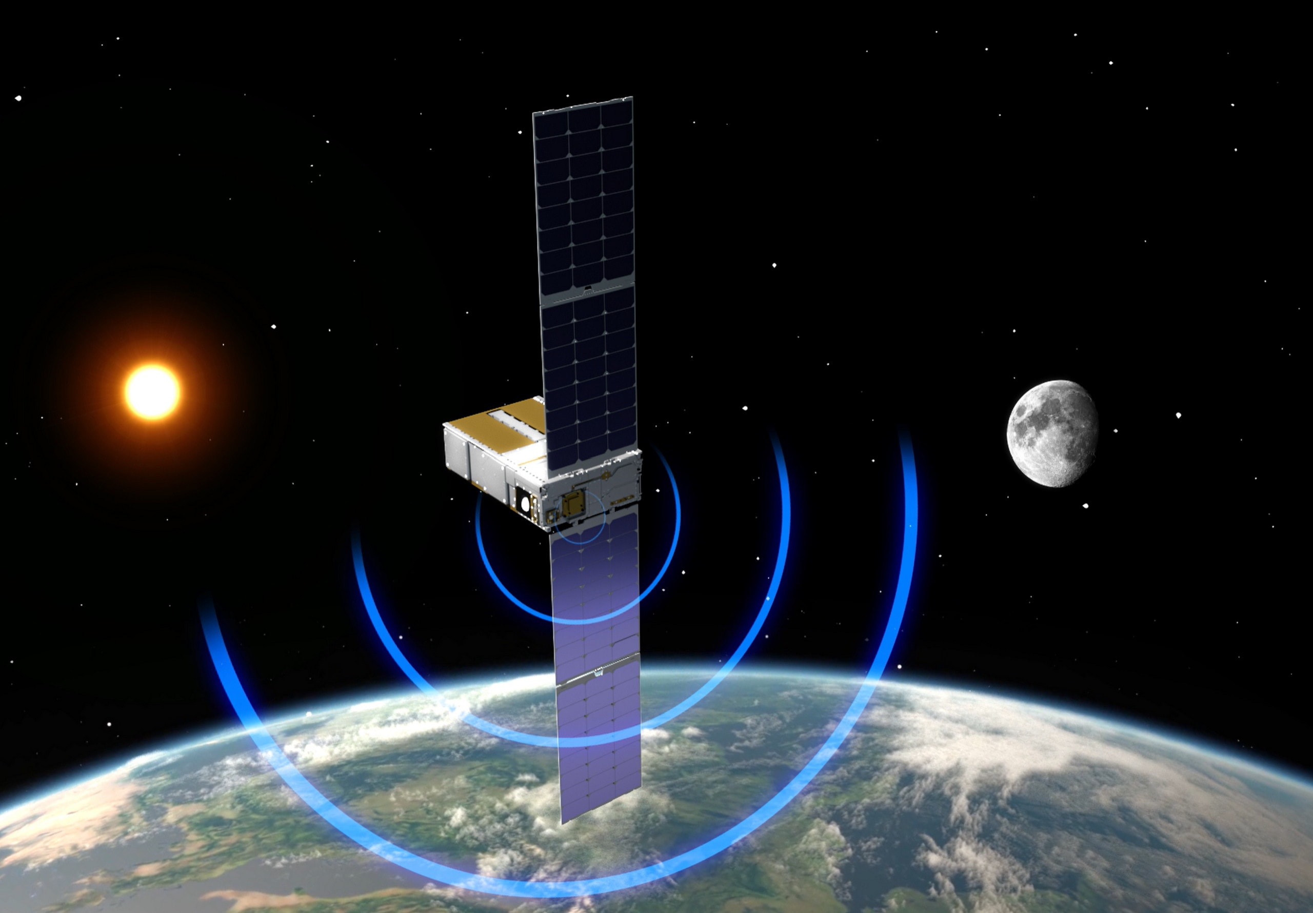 Ilustração do satélite Arcstone em órbita terrestre, com a Lua e o Sol ao fundo. A imagem destaca o envio de sinais de calibração espacial para aprimorar sensores de observação da Terra.