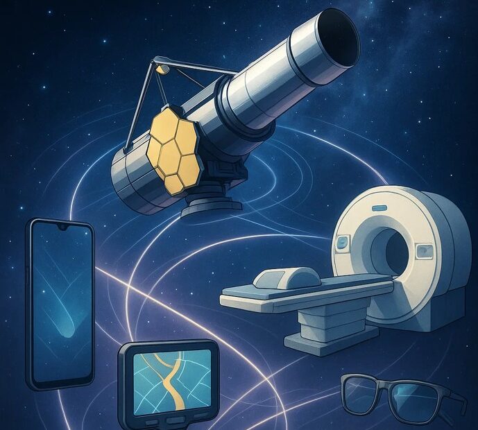 Ilustração mostrando a conexão entre a astronomia e tecnologias do cotidiano, com um telescópio espacial apontando para o céu estrelado, rodeado por dispositivos como smartphone, GPS, equipamentos médicos, colchão de espuma de memória e óculos com lentes antirreflexo, todos ligados por linhas de luz, simbolizando a transferência de inovação do espaço para a vida diária.