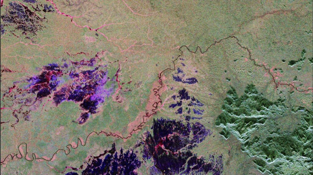 Primeira imagem capturada pelo satélite Biomassa da ESA, mostrando a Floresta Amazônica no norte do Brasil. Tons de verde indicam floresta densa, enquanto áreas vermelhas e rosas revelam planícies alagadas e regiões de várzea detectadas sob a copa das árvores.