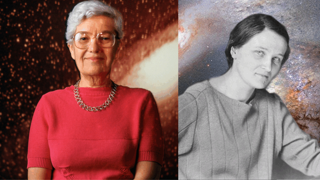Montagem com Cecilia Payne-Gaposchkin à esquerda, em fotografia em preto e branco com fundo galáctico, e Vera Rubin à direita, em retrato colorido diante de uma imagem de fundo estrelado. Ambas são figuras pioneiras da astronomia.