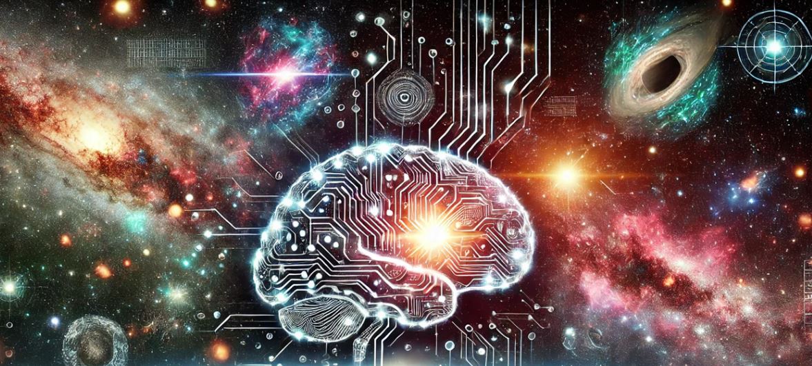 : Ilustração artística que combina elementos de tecnologia e astronomia. No centro da imagem, há um cérebro estilizado formado por circuitos eletrônicos brilhantes, simbolizando inteligência artificial. Ao fundo, espalhadas por todo o espaço, estão diversas galáxias coloridas, estrelas, uma nebulosa e um buraco negro com emissão de luz azul-esverdeada. A composição transmite a ideia de conexão entre a mente, a tecnologia e o universo, sugerindo a fusão entre inteligência artificial e exploração cósmica. Se quiser uma versão mais curta ou mais técnica, só pedir!