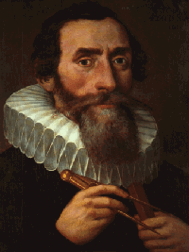 Retrato de Johannes Kepler, com barba grande e bigode, olhando de forma séria para a frente. Ele está vestindo roupas da época, com um compasso em uma das mãos, simbolizando seu trabalho pioneiro na astronomia e suas leis do movimento planetário.