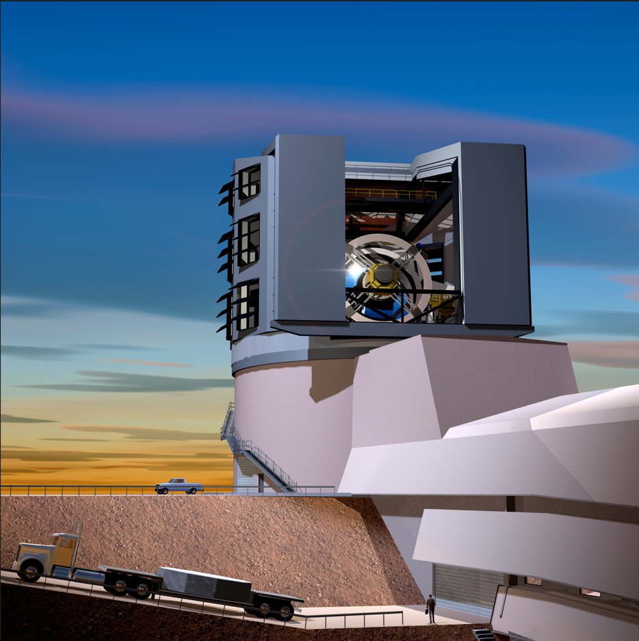 Ilustração digital do Observatório Vera C. Rubin ao pôr do sol, mostrando a estrutura aberta com o telescópio Simonyi Survey Telescope visível em seu interior, no Cerro Pachón, Chile.