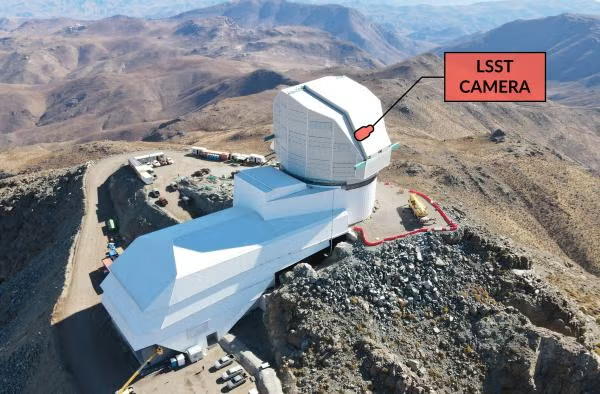  Renderização artística do telescópio Simonyi Survey Telescope com a câmera LSST instalada, destacando sua estrutura moderna e capacidade tecnológica avançada para levantamentos astronômicos.