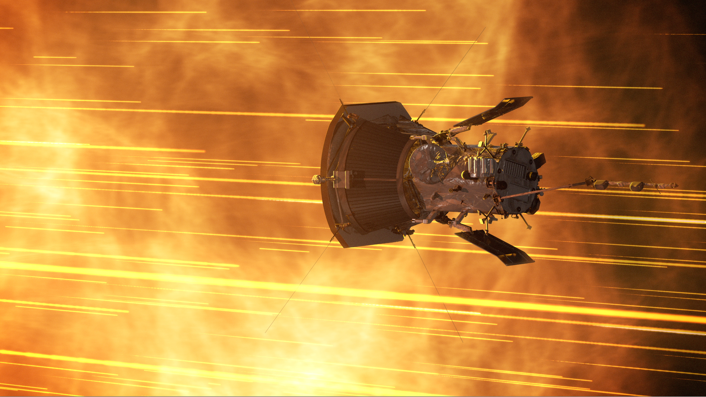 A Parker Solar Probe da NASA — com seu escudo térmico voltado para frente e os painéis solares parcialmente estendidos — voa através de partículas no espaço.