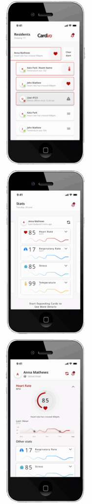 Tudo o que é necessário para monitorar frequência cardíaca, respiração e dados relacionados é um smartphone e o Cardi/o Monitor da Advanced TeleSensors. O dispositivo pode ser fixado na parede ou colocado sobre uma mesa e monitora os sinais vitais de uma ou mais pessoas — sem a necessidade de usar nada no corpo.