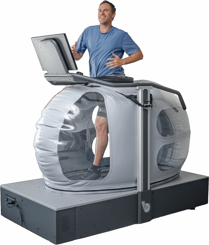 Sean Whalen, cofundador da Boost Treadmills, corre na Boost 2. A esteira usa pressão de ar para contrariar a gravidade, permitindo que pessoas com lesões e outras condições possam correr.
Crédito: Boost Treadmills LLC