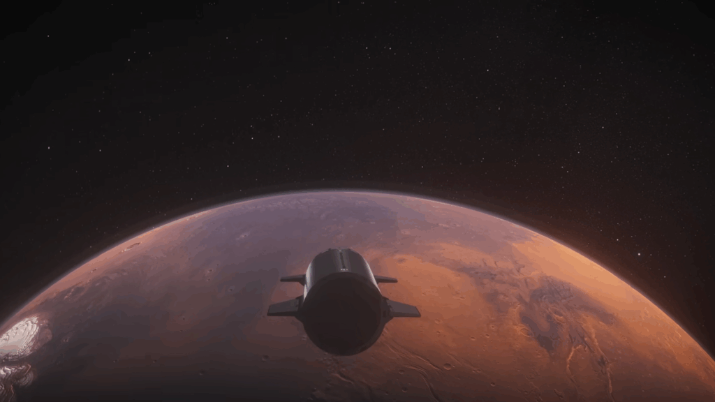 Representação artística do Starship da SpaceX entrando na atmosfera de Marte, com o planeta vermelho visível ao fundo. A nave está emitindo chamas devido ao atrito com a atmosfera, enquanto se prepara para uma aterrissagem controlada. O cenário mostra uma paisagem marciana desolada, com a luz do sol refletindo na superfície.