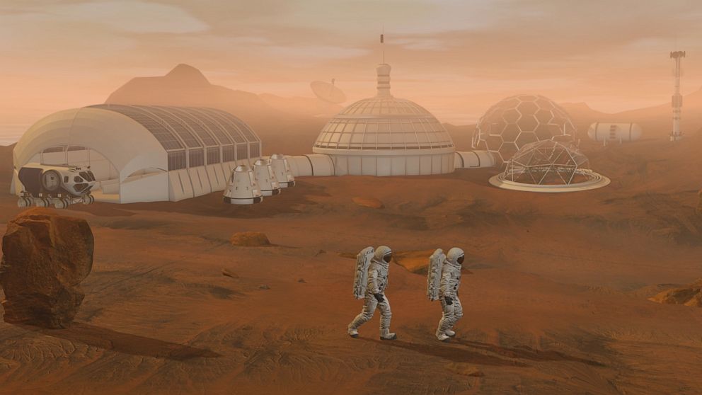 Conceito artístico ilustrando astronautas realizando atividades científicas em Marte, com vistas de uma base humana e tecnologias que permitem a exploração do planeta vermelho. A cena reflete os possíveis avanços da humanidade em um futuro próximo.