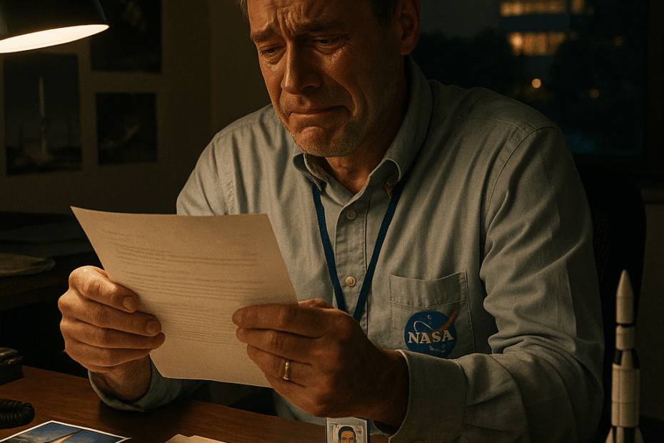 “Cientista da NASA de meia-idade sentado sozinho em um escritório pouco iluminado à noite, com crachá da NASA, segurando uma carta impressa com as mãos trêmulas e lágrimas no rosto. A mesa está coberta com patches de missões, fotos de espaçonaves e modelos de engenharia. Ao fundo, a janela revela a sede da NASA ao entardecer. Cena emocional que transmite tristeza autêntica, semelhante a um documentário