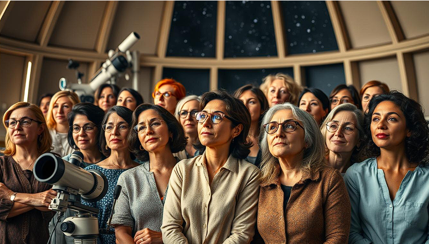 Imagem de várias mulheres cientistas trabalhando em um observatório astronômico, observando o céu noturno através de telescópios e analisando dados celestes em computadores, representando a presença feminina na astronomia.