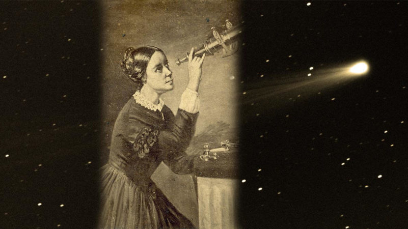 Fotografia de Maria Mitchell ao lado da representação do cometa C/1847 T1 (Mitchell), que ela descobriu.