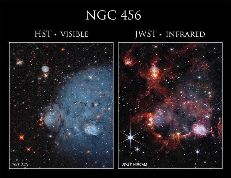 A imagem do Hubble de NGC 456 (à esquerda) mostra uma nuvem azulada e difusa de gás ionizado, enquanto a imagem do Webb (à direita) revela o contorno cavernoso de poeira do mesmo aglomerado.

Créditos: NASA, ESA e C. Lindberg (Universidade Johns Hopkins); Processamento: Gladys Kober (NASA/Universidade Católica da América)