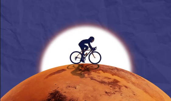 Astronauta pedalando em uma bicicleta na superfície de Marte, vestindo roupas espaciais com tecidos com tecnologia NASA, projetadas para suportar temperaturas extremas do ambiente marciano.