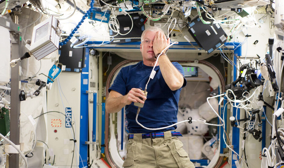 O astronauta Steve Swanson realiza um teste de acuidade visual e utiliza um software que exibe a chamada Grade de Amsler, uma malha de linhas horizontais e verticais usada para verificar o campo visual.