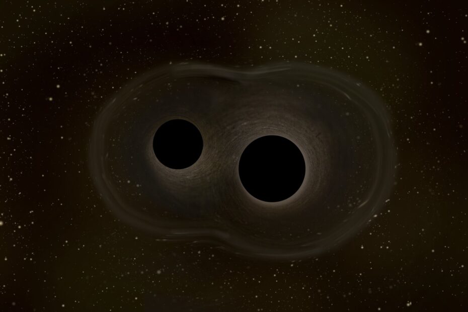 Ilustração artística de dois buracos negros colidindo, liberando ondas gravitacionais no espaço.
