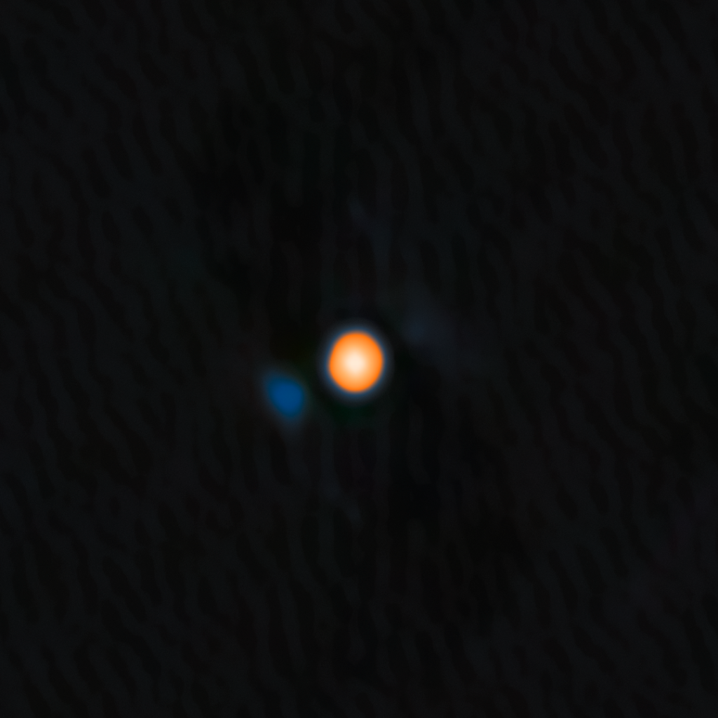 Imagem da estrela Betelgeuse, visível em tons amarelo-avermelhados, com a assinatura de sua estrela companheira próxima, representada como um ponto azul tênue. Dados da NASA, JPL e NOIRLab; visualização feita pelo NOIRLab.