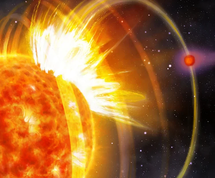 Representação artística de uma estrela laranja-amarelada emitindo um flare intenso, com um planeta próximo em órbita e fundo estrelado.