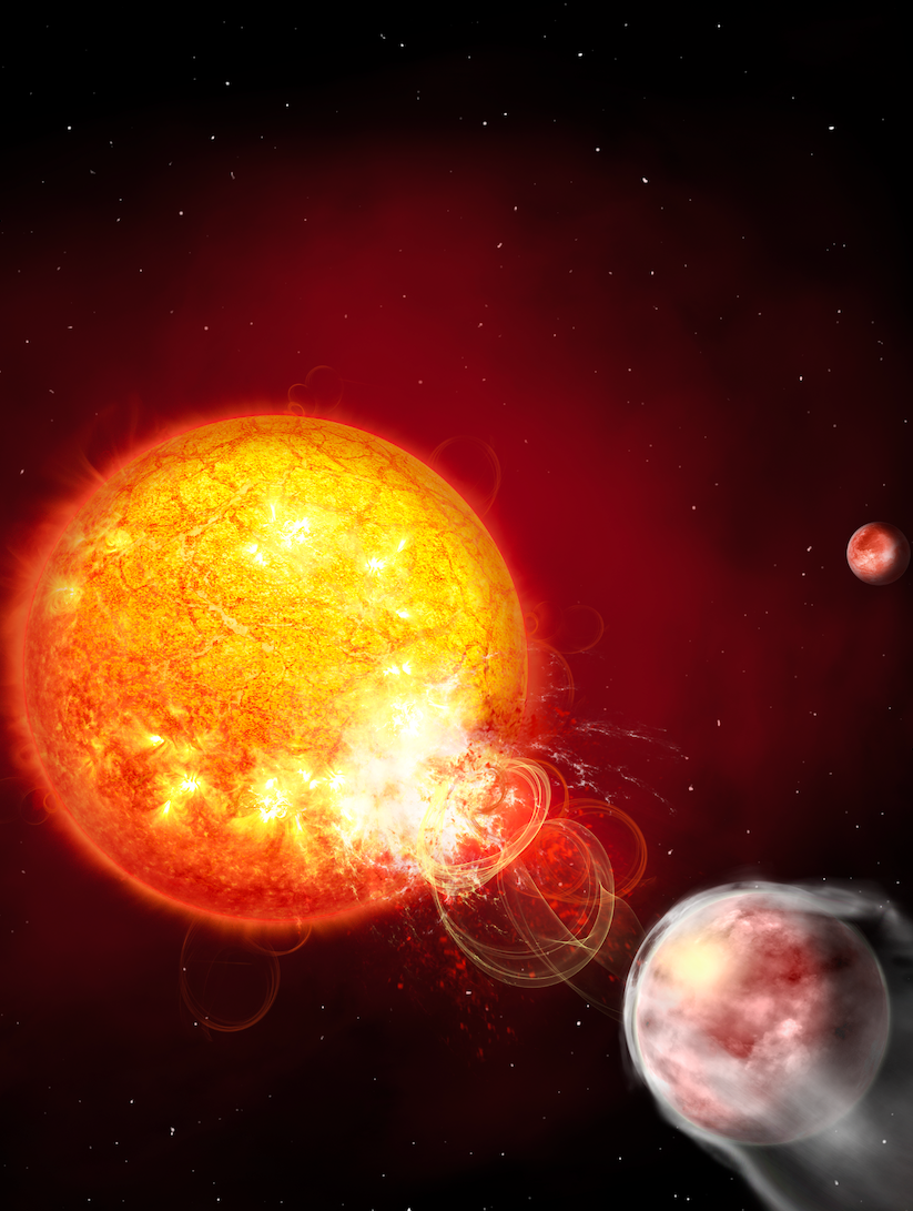 No quadrante superior esquerdo de uma imagem vertical, contra um fundo preto, uma grande estrela laranja-amarelada aparece com filamentos de gás — um flare estelar — se projetando da estrela na direção das 4 horas. O flare segue em direção a um planeta azul, menor que a estrela, localizado no centro-direita da imagem. Filetes esbranquiçados e acinzentados saem do planeta em direção à parte inferior direita, indicando a dissipação de sua atmosfera em resposta ao flare. Um segundo planeta, bem menor por estar mais distante, pode ser visto à direita da estrela e acima do planeta em primeiro plano.