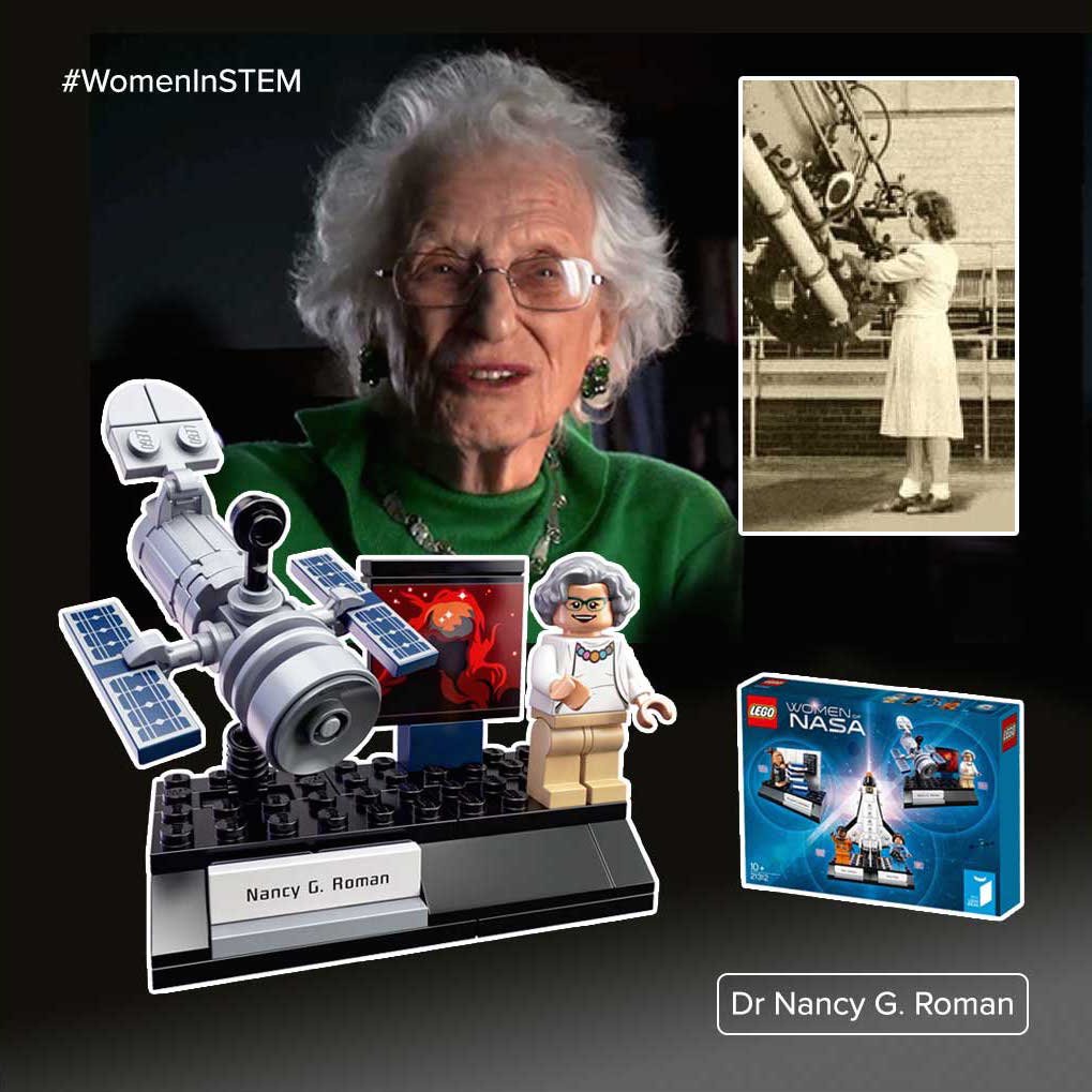 Montagem em homenagem a Nancy Grace Roman, com sua foto atual e de juventude observando um telescópio, acompanhada de uma miniatura LEGO da cientista, do Telescópio Espacial Hubble e da caixa do kit "LEGO Women of NASA". Roman é reconhecida como a “Mãe do Hubble” e pioneira na astronomia espacial.