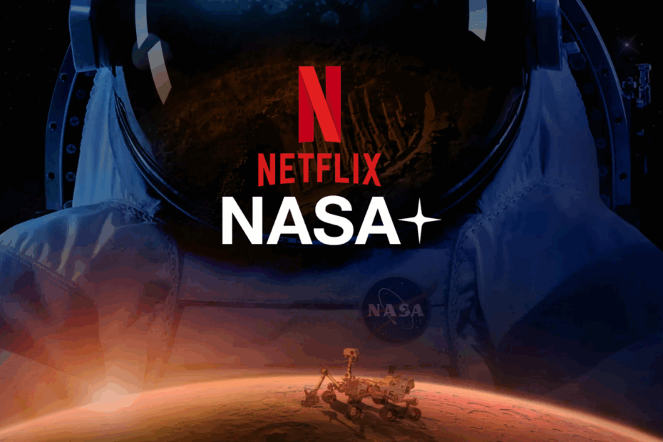 "Parceria entre Netflix e NASA com imagem de astronauta, logotipos das marcas e um rover em Marte