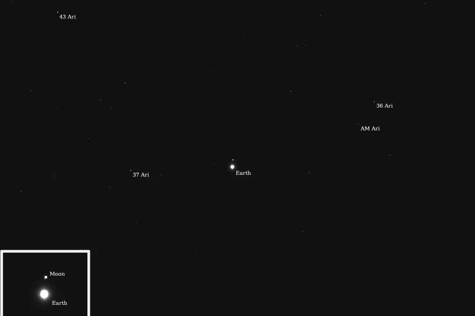 A NASA, com a missão Psyche, capturou imagens da Terra e da nossa Lua a cerca de 180 milhões de milhas (290 milhões de quilômetros) de distância em julho de 2025, enquanto calibrava seu instrumento de imagens. Ao escolher alvos para os testes do instrumento, os cientistas procuram corpos que brilham com a luz refletida do Sol, assim como o próprio asteroide Psyche.