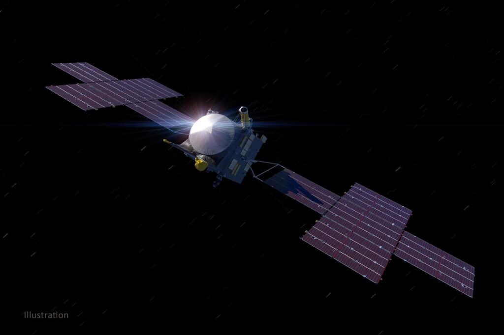 Esta ilustração, atualizada em março de 2021, mostra a espaçonave Psyche da NASA. Prevista para ser lançada em agosto de 2022, a missão Psyche explorará um asteroide rico em metais que leva o mesmo nome e que se encontra no cinturão principal de asteroides, entre Marte e Júpiter. A espaçonave deve chegar no início de 2026 e orbitar o asteroide por quase dois anos para investigar sua composição credito nasa